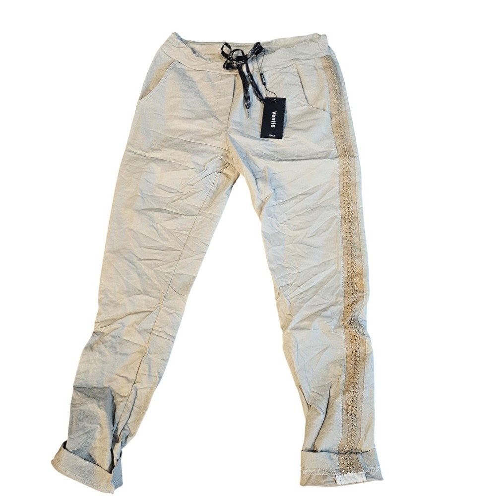 Venti6 Pants Womens Small Beige Jogger Elastic Waist Crochet Italy Trim Casual